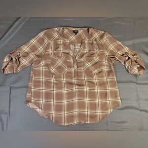 Torrid Harper Plaid Blouse Size 0 Brown Long Sleeve Pocket Top